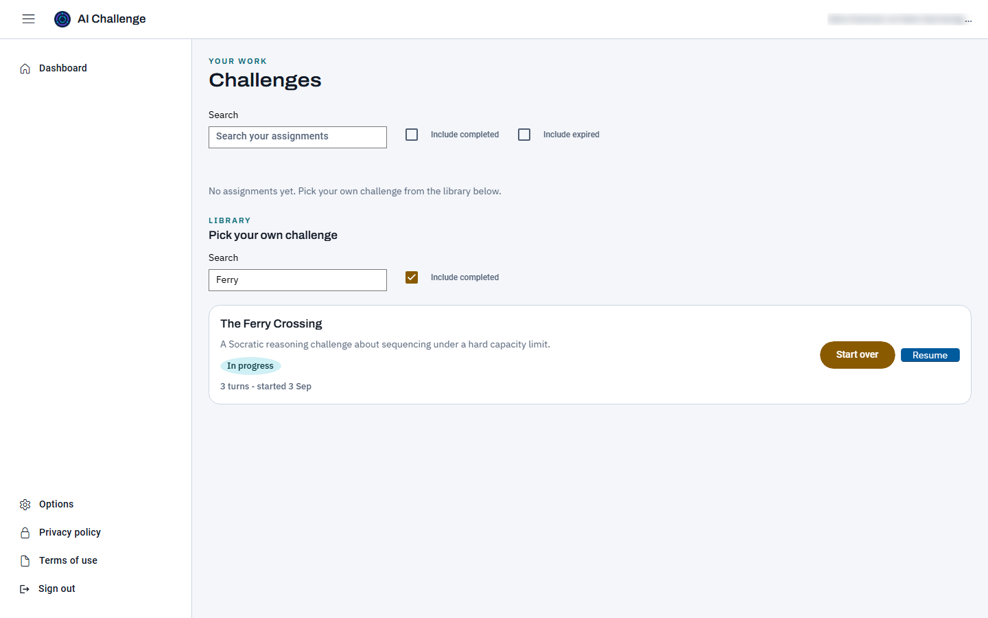 The library section with the word Ferry typed into its own search box and the Include completed checkbox ticked, narrowing the list to a single challenge card.