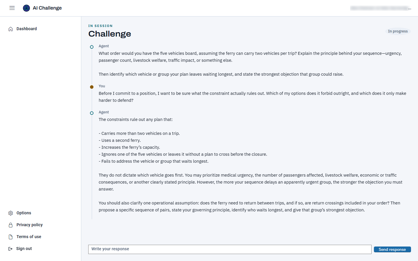 The same session after one exchange: the learner's question about what the constraint forbids, labelled You, and the agent's reply listing the moves the harbour rule rules out, above the response box.