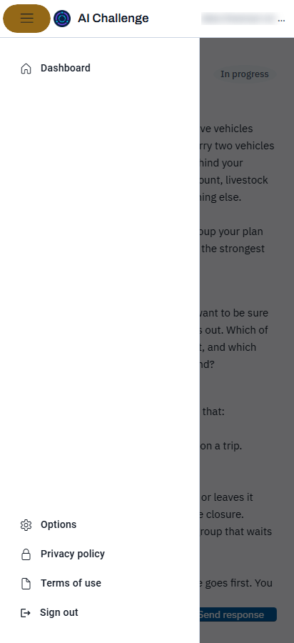 The portal on a narrow screen with the navigation panel slid out over the page, listing Dashboard, Options, About and Sign out.