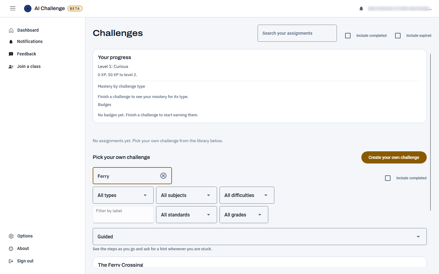 The top of an independent learner's dashboard with the Your progress card, showing the learner's level and its skill name, their XP and the XP the next level needs, a Mastery by challenge type section and a Badges section.
