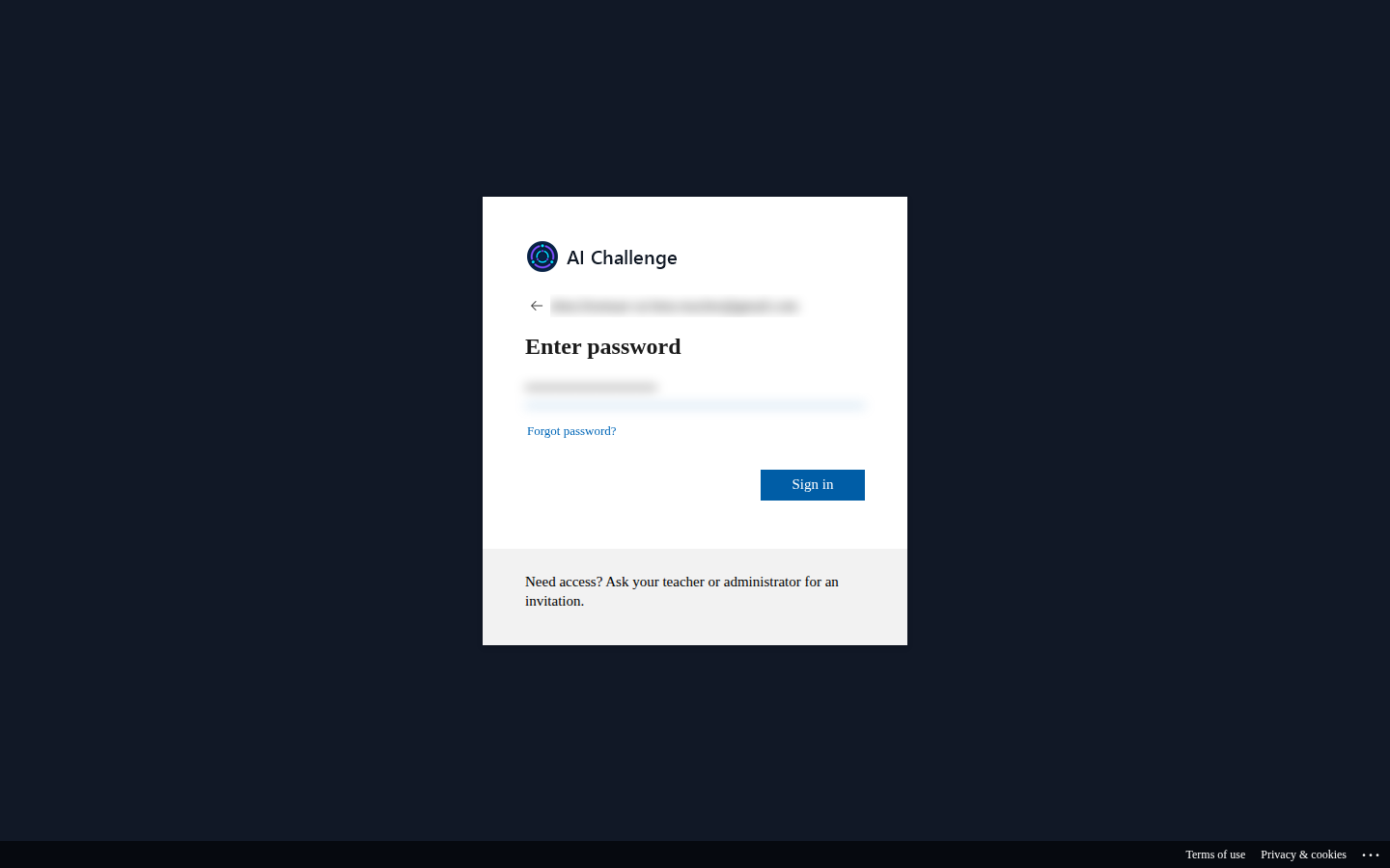 The Microsoft sign-in screen asking for a password, with the account's email address above the password box and a Forgot password link beneath it. The address and the password are blurred.