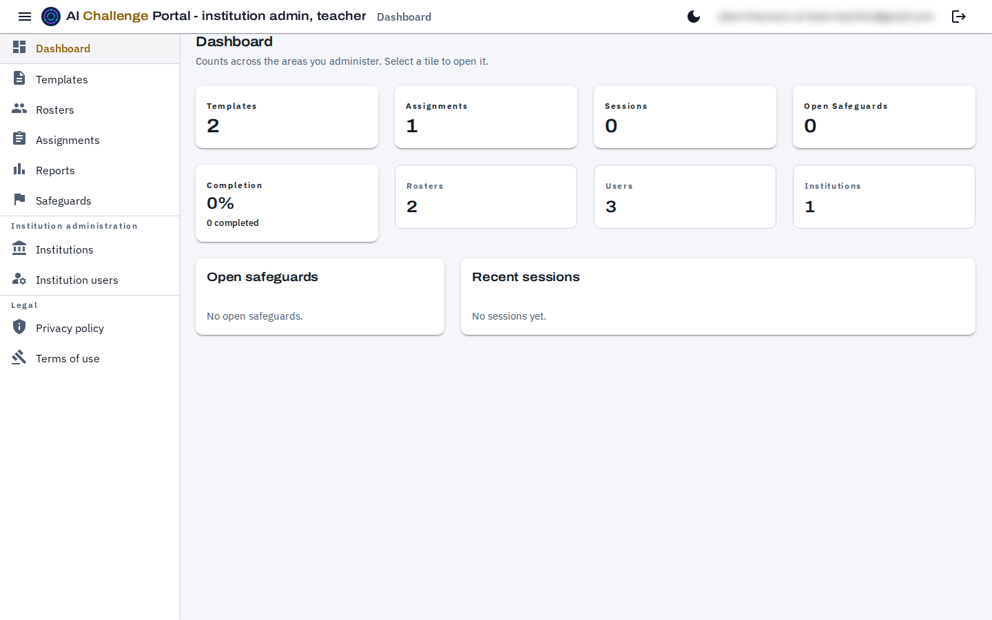 The administration portal dashboard with the navigation panel docked open on the left, showing the teaching tools at the top, an Institution administration group beneath them containing Institutions and Institution users, and a Legal group at the bottom. The page itself shows eight counting tiles and two summary panels.