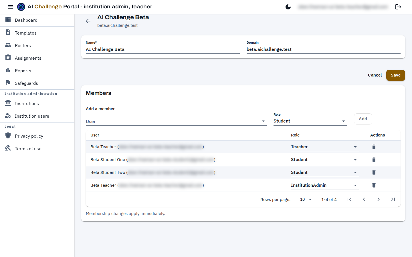 The institution page, showing Name and Domain fields with Save and Cancel beneath them, and a Members card containing an add-a-member row and a grid of existing members with their roles. The member email addresses are blurred.