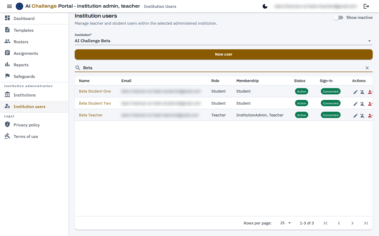 The institution users list with a search term typed into its search box, showing rows for the matching people with name, email, role, membership, status and sign-in columns. The email addresses are blurred.