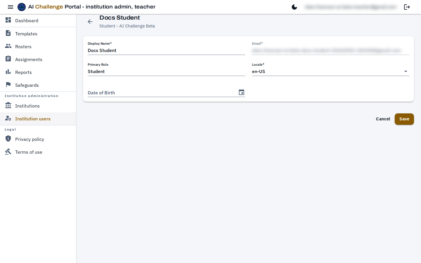 The institution user page for an existing person, with the email and primary role shown as read-only fields and the display name, locale and date of birth still editable.