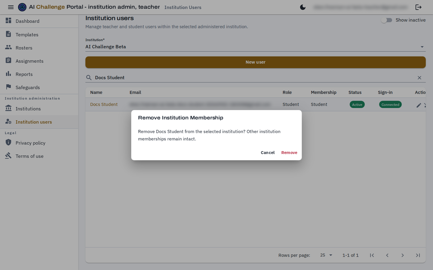 The Remove Institution Membership confirmation dialog, naming the person and stating that other institution memberships remain intact, with Cancel and Remove buttons.
