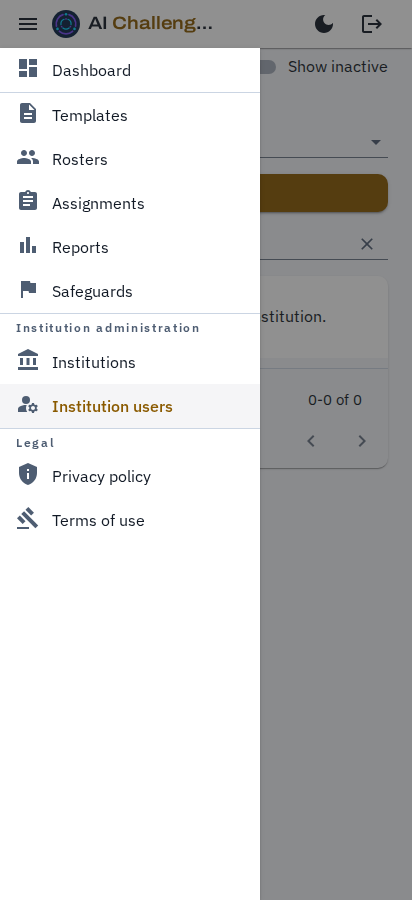 The administration portal on a narrow screen with the navigation panel slid out over the page, showing the teaching tools, the Institution administration group, and the About link.
