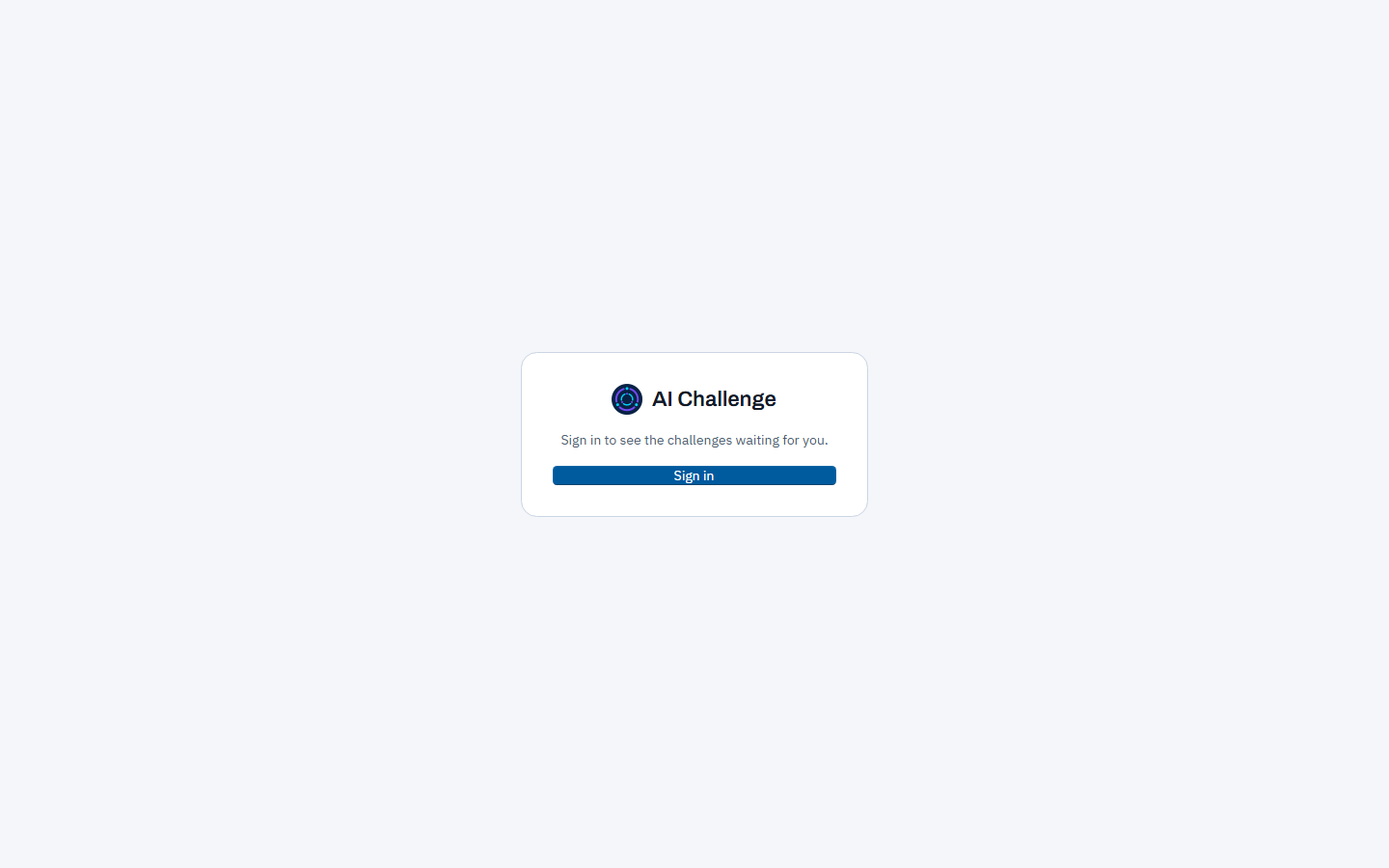 The student portal sign-in screen, showing the AI Challenge title and a single Sign in button on a card in the middle of the page.