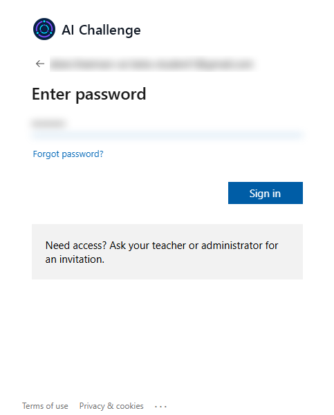 The Microsoft sign-in window asking for a password, headed Enter password, with the account's email address above the password box and a Forgot password link beneath it. The address and the password are blurred.
