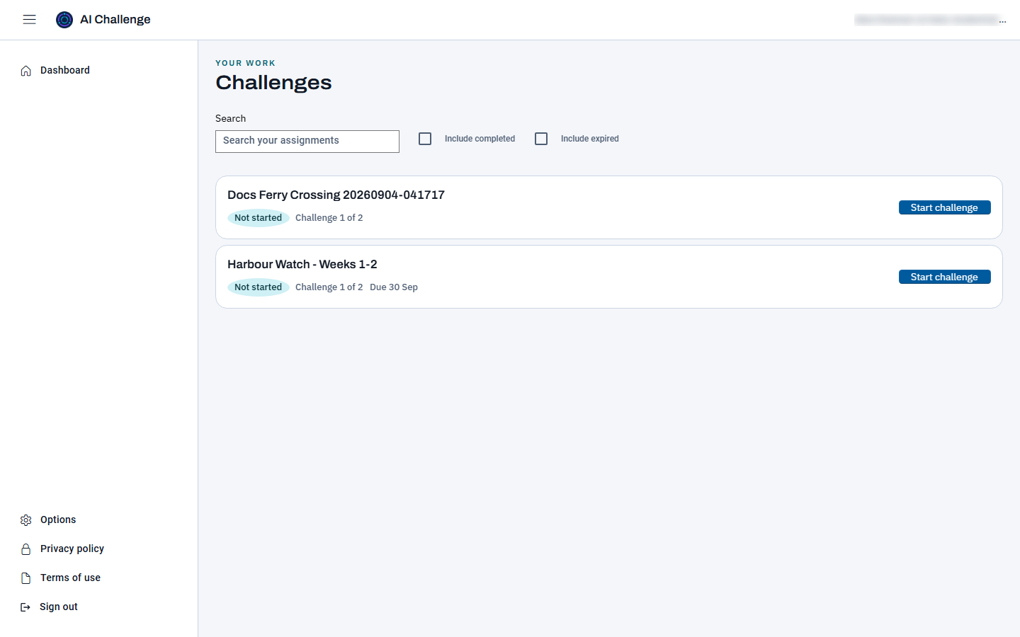 The student dashboard, headed Challenges, with a search box, two filter checkboxes, and a list of assignment cards each showing a title, a status, and an action button.