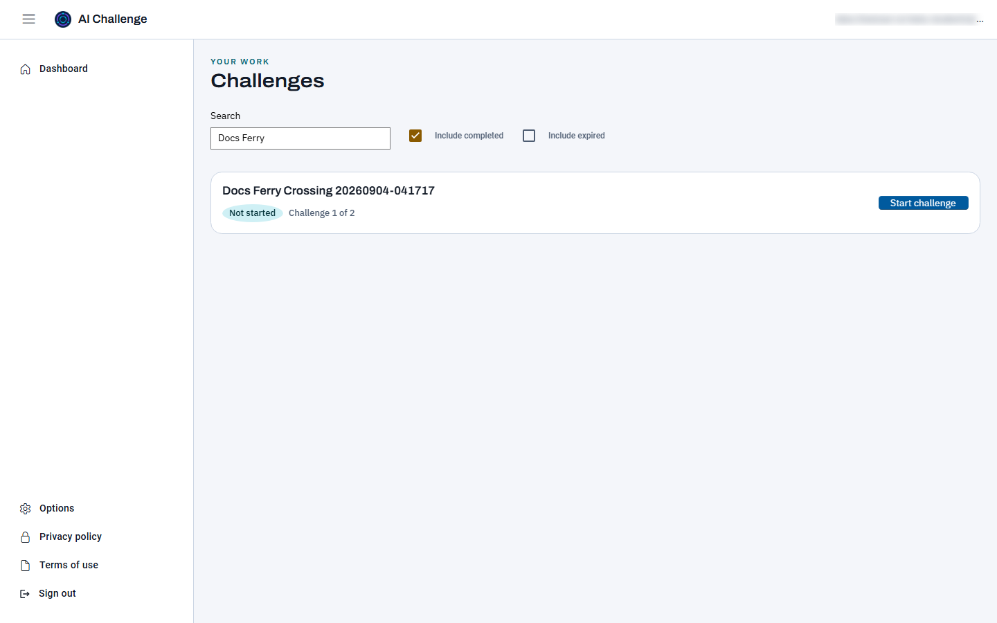 The dashboard with a search term typed into the search box and the Include completed checkbox ticked, narrowing the list to a single assignment card.