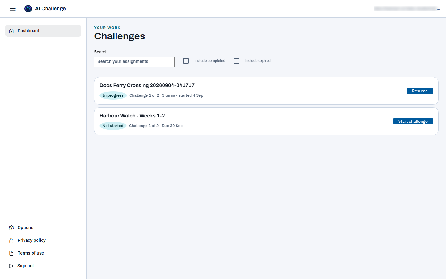 The dashboard after a challenge has been started. The top card reads In progress, with a detail line saying three turns started on 3 September and a Resume button, above a second assignment that is still Not started and shows its due date.