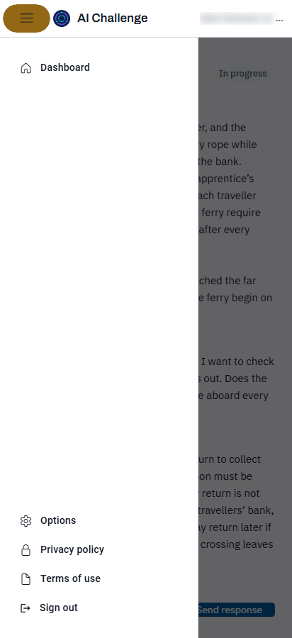 The portal on a narrow screen with the navigation panel slid out over the page, listing Dashboard, Options, About, and Sign out.