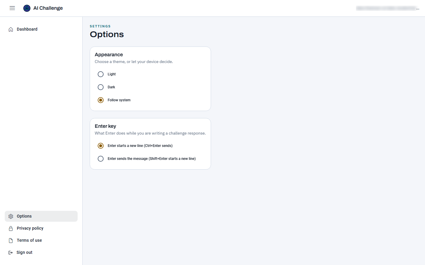 The Options page showing an Appearance card with Light, Dark and Follow system choices, and an Enter key card with the two sending behaviours.