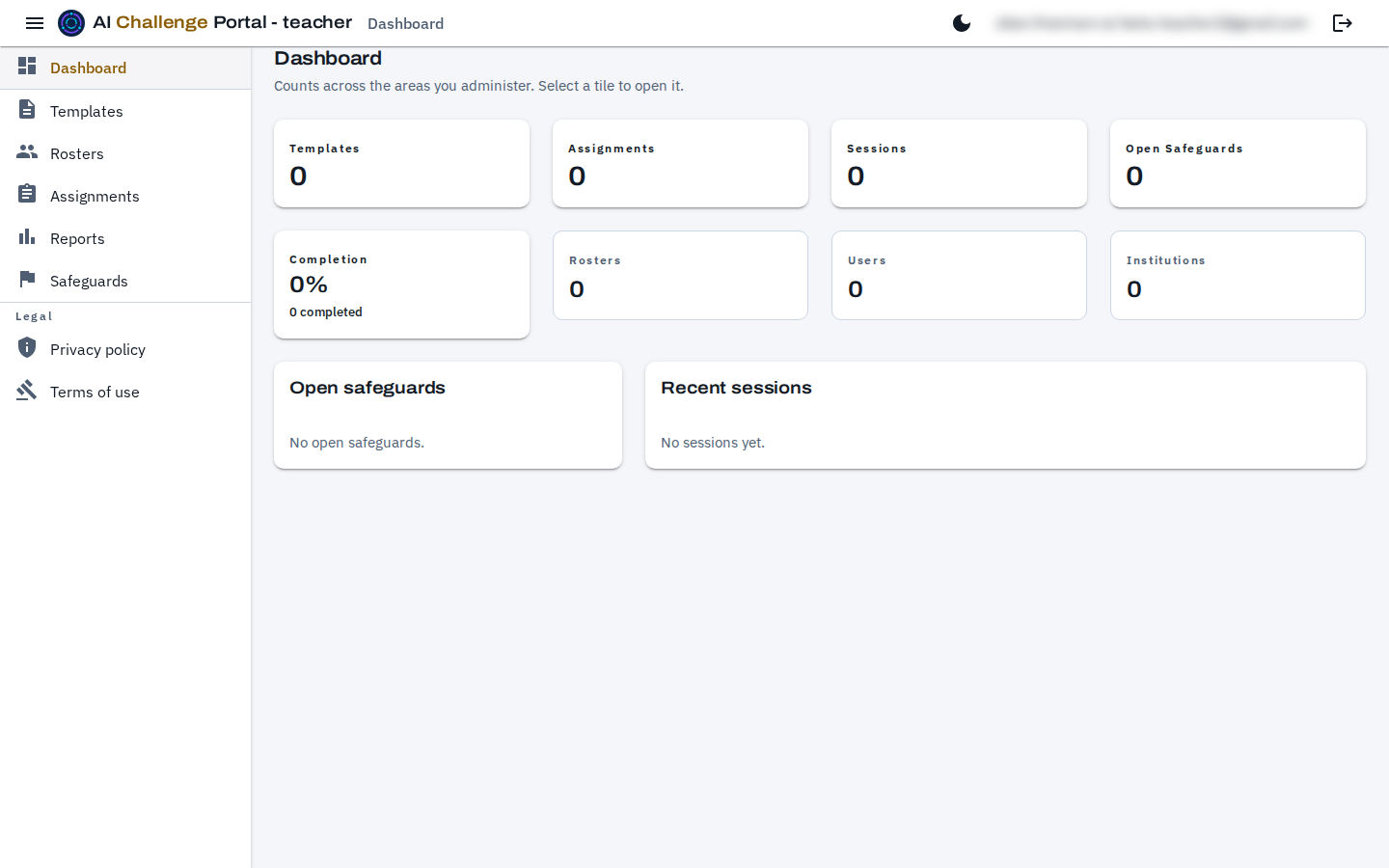 The management portal dashboard, with a navigation drawer on the left listing Dashboard, Templates, Rosters, Assignments, Reports, Safeguards and a Legal group, and a grid of counting tiles for templates, assignments, sessions, open safeguards, completion, rosters, users and institutions.
