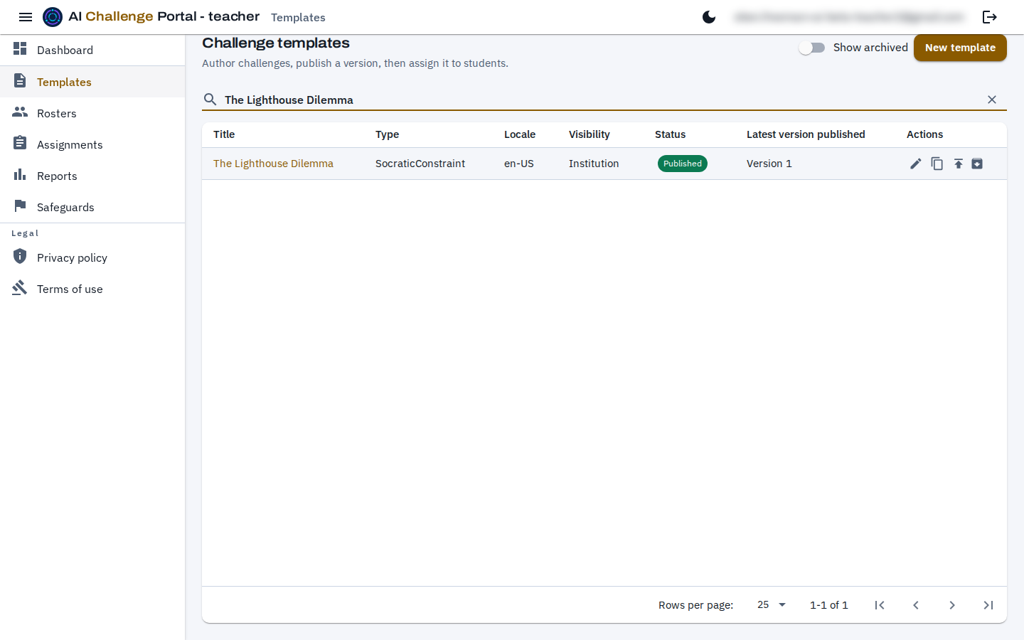The Templates list narrowed by a search term, showing one template row with its type, locale, visibility, status and latest published version, and Edit, Clone, Publish and Archive actions at the end of the row.