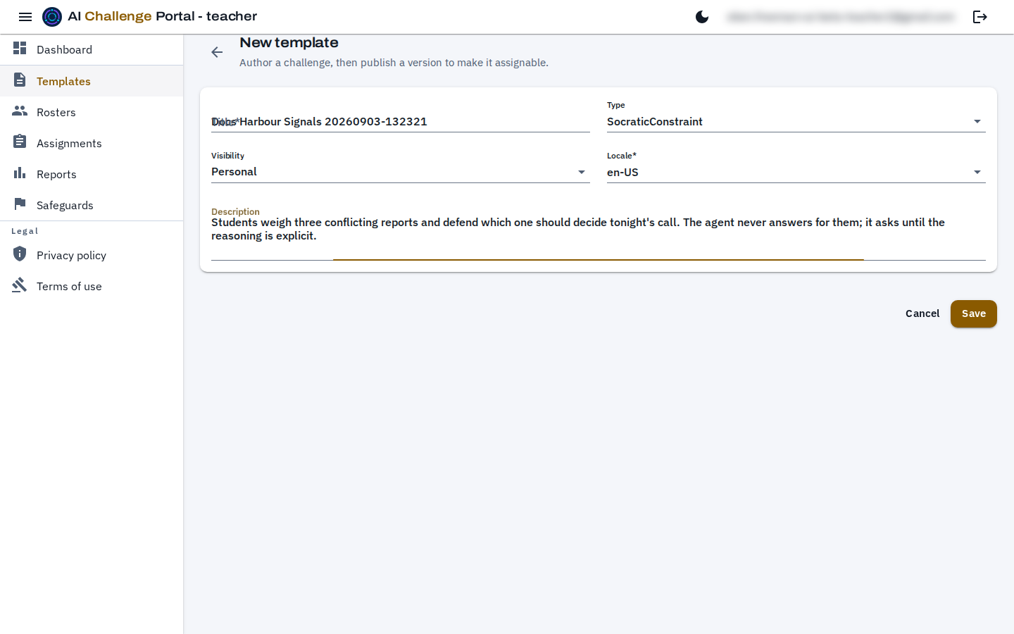 The new template form, filled in with a title, a type of Socratic Constraint, a visibility, a locale, and a description, with Cancel and Save buttons beneath it.