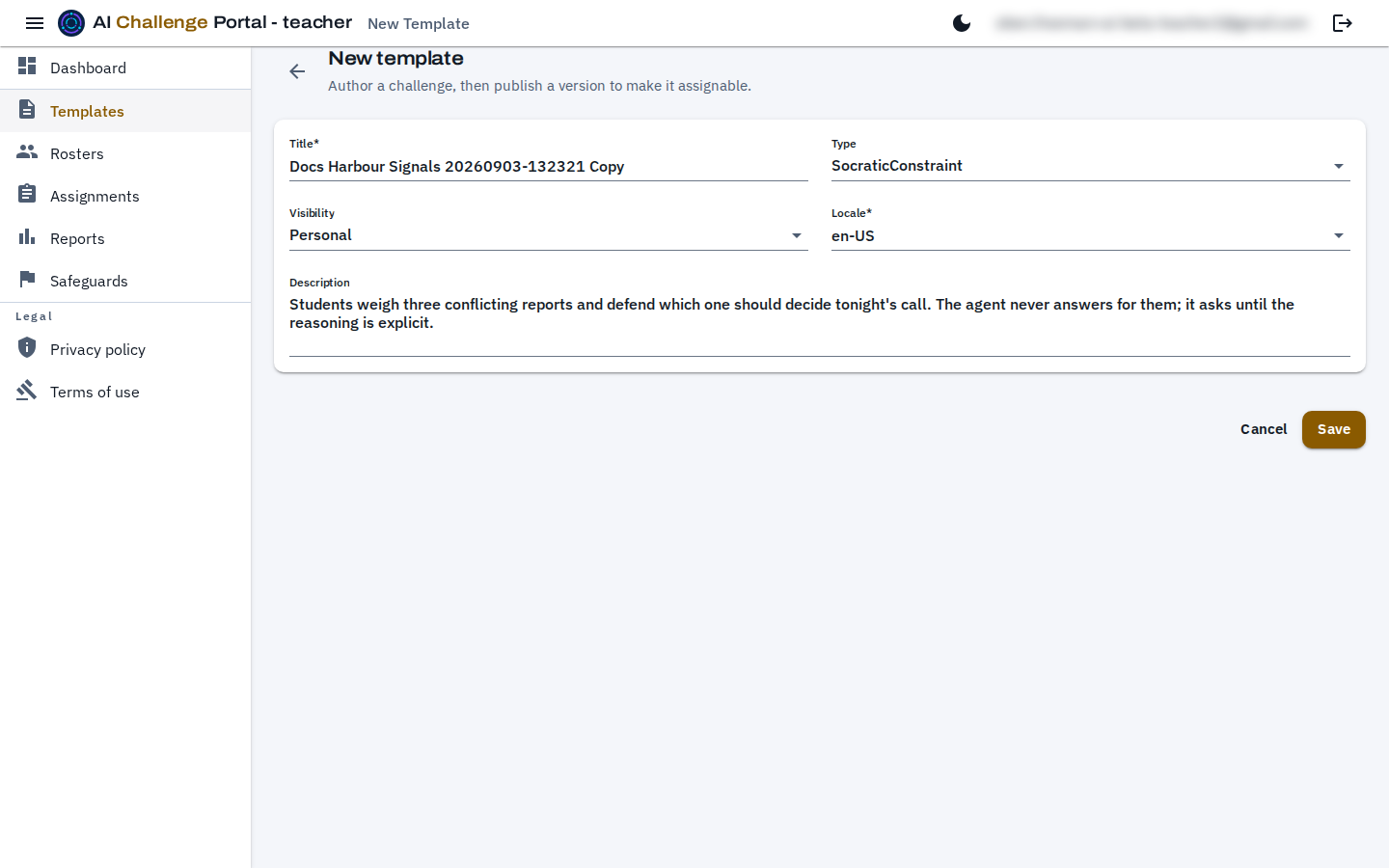 The new template form opened as a clone, with the title of the source template followed by the word Copy, and its description, type and locale already filled in.