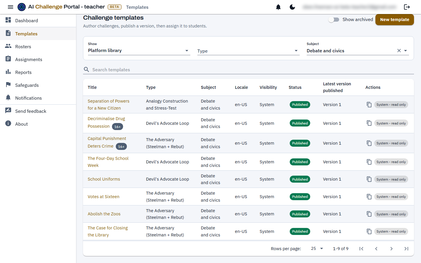The Templates list showing the platform library, filtered to the Debate and civics subject, with rows showing each template's title, type, subject, locale, visibility of System and status, 16+ age chips beside two titles, and a Clone action and a System - read only label at the end of each row.