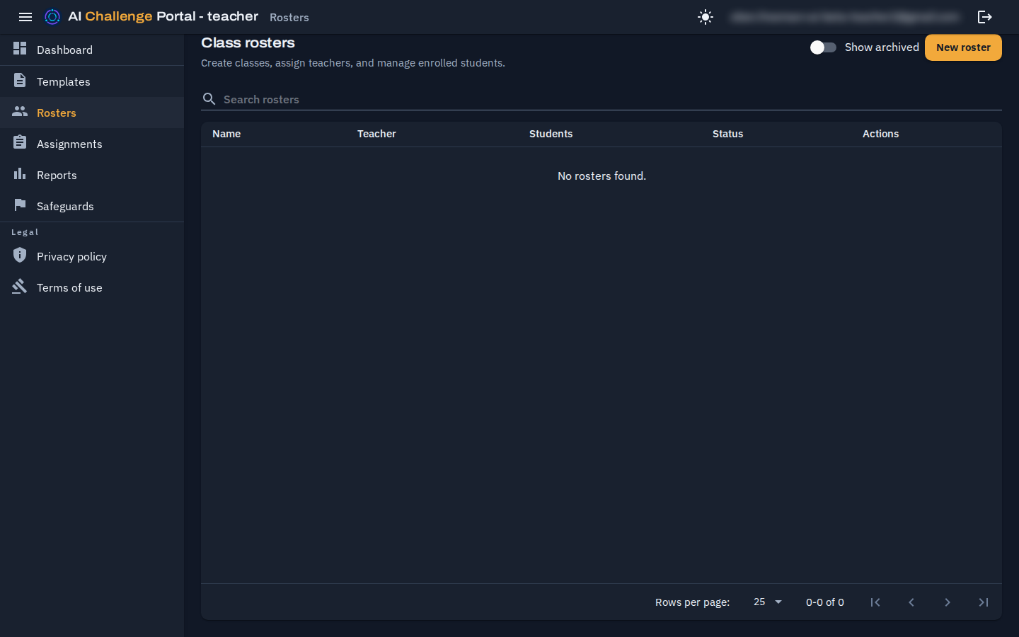 The Rosters list with a search box, a New roster button, and rows showing each roster's name, institution and student count.