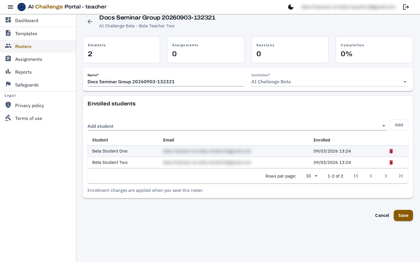 A roster page with summary tiles for students, assignments, sessions and completion, an Add student search box, and a table of enrolled students showing names, blurred email addresses and enrollment dates.