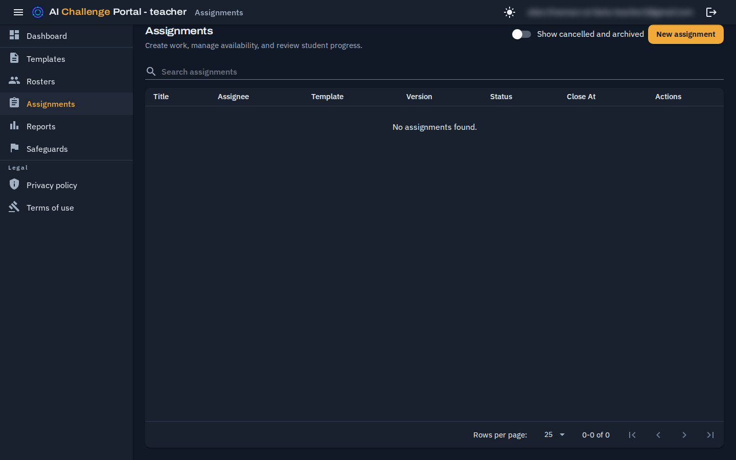 The Assignments list with a search box, a switch to show cancelled and archived assignments, a New assignment button, and rows showing each assignment's title, assignee, template, version, status and closing date.