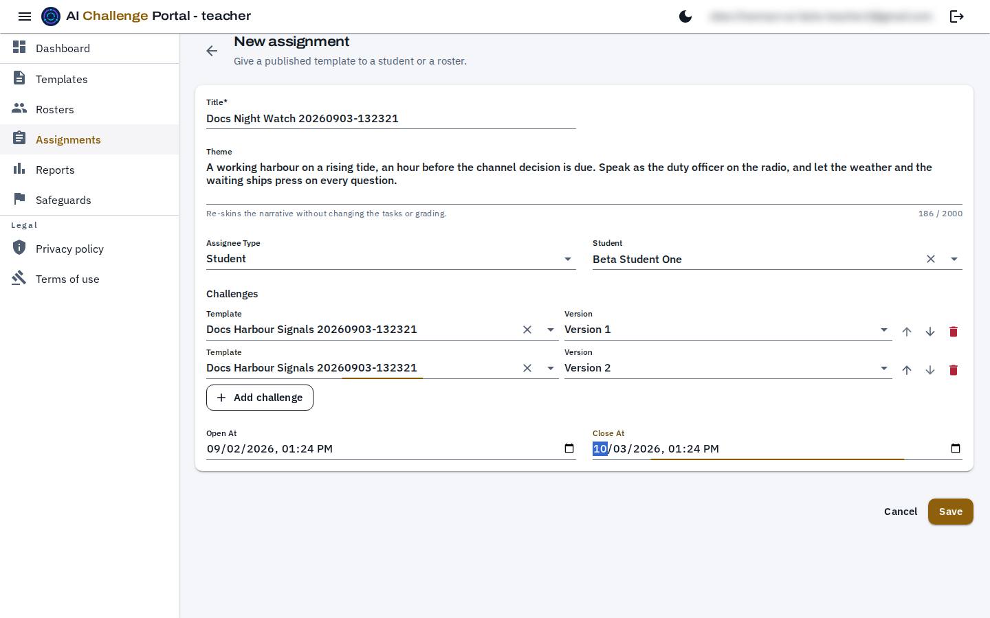 The new assignment form, filled in with a title, a theme, an assignee type of Student, a named student, two ordered challenge rows each with a template and a version, and Open At and Close At dates.