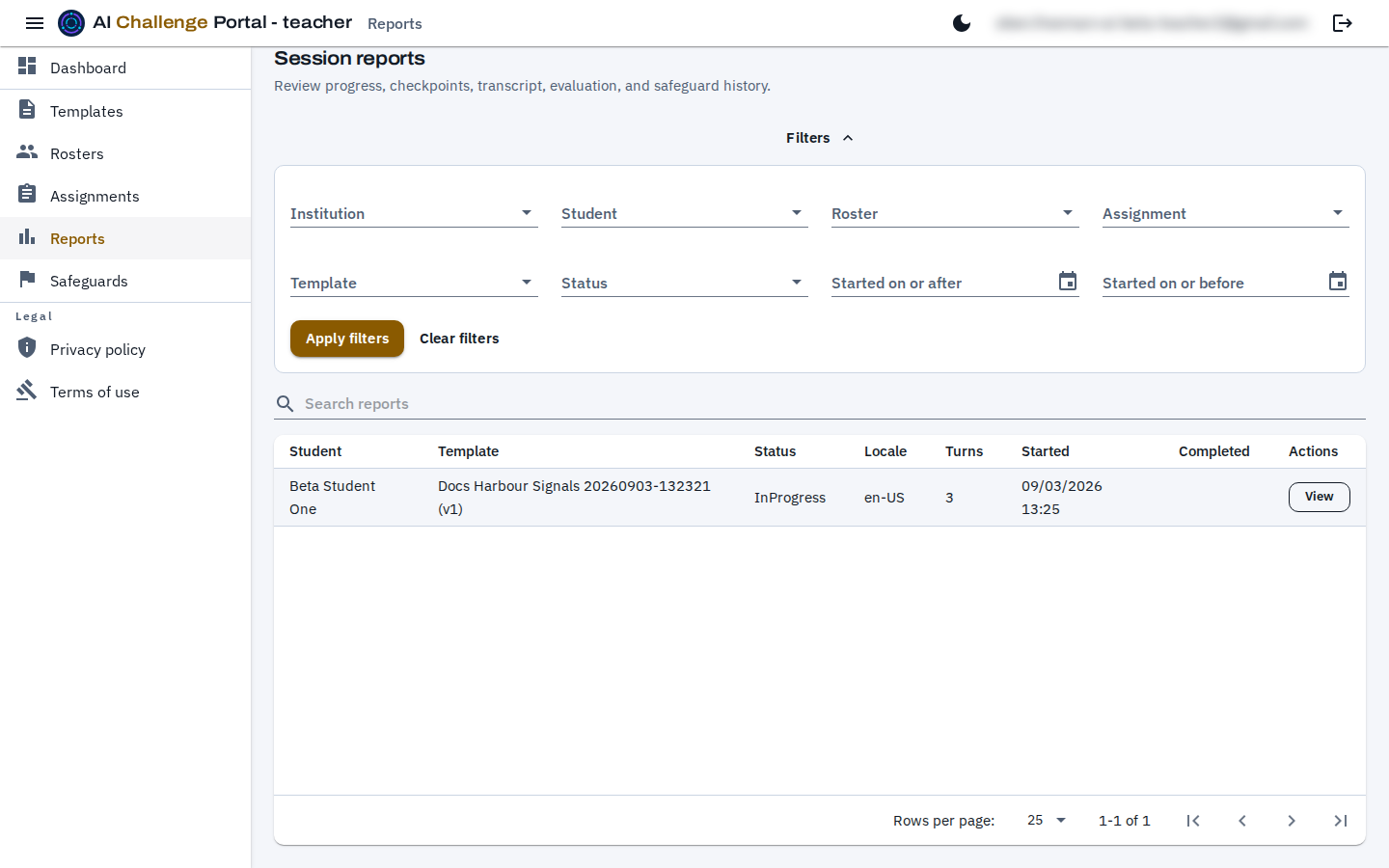 The Reports list with a filter panel offering institution, student, roster, assignment, template, status and start-date filters, above a search box and a grid of sessions showing student, template, status, locale, turns and start and completion times.