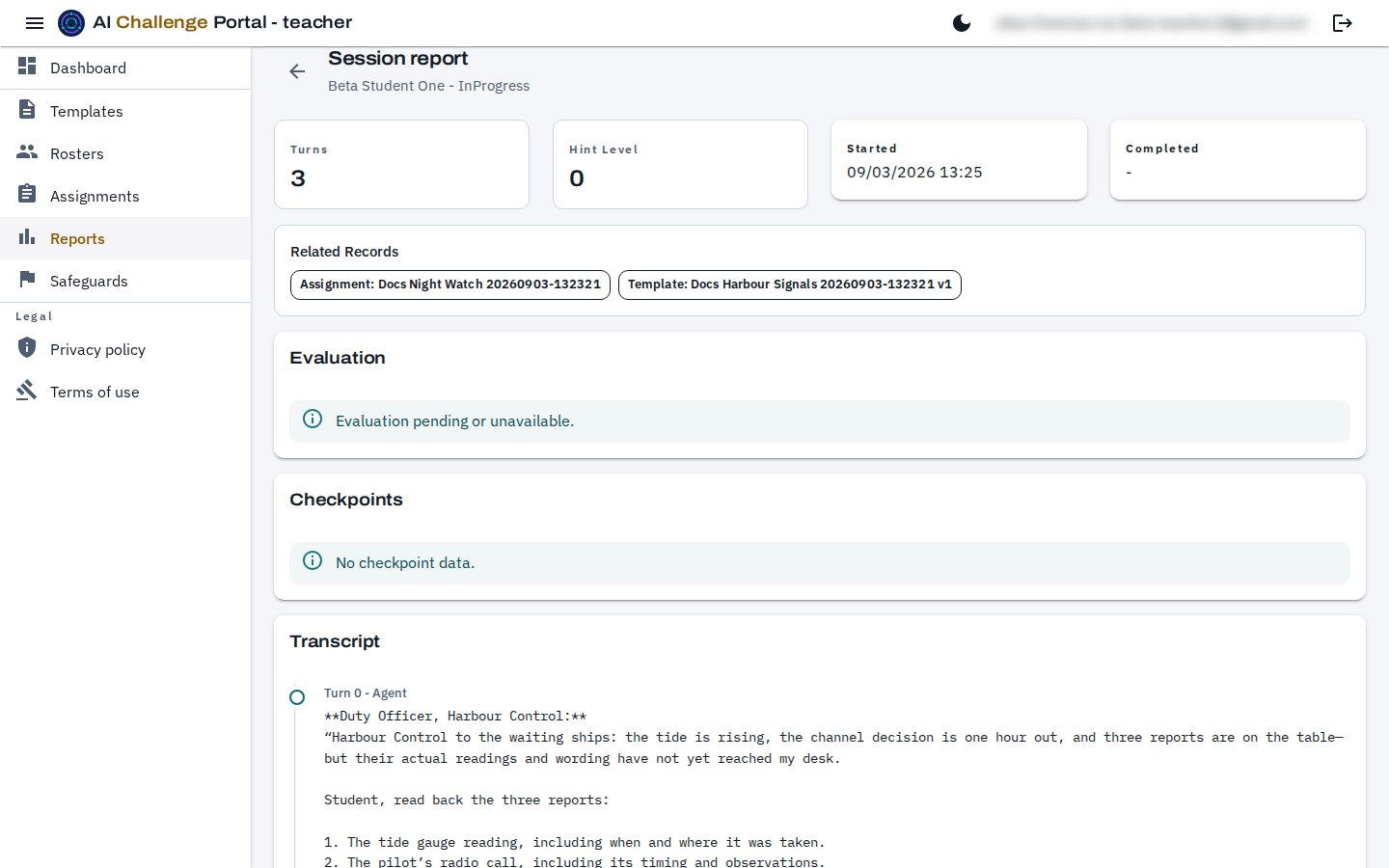 A session report for a session still in progress: the student's name and status, tiles for turns and hint level, related records linking to the assignment and template, an evaluation section reading pending, a checkpoints section reading no checkpoint data, and the transcript of the conversation.