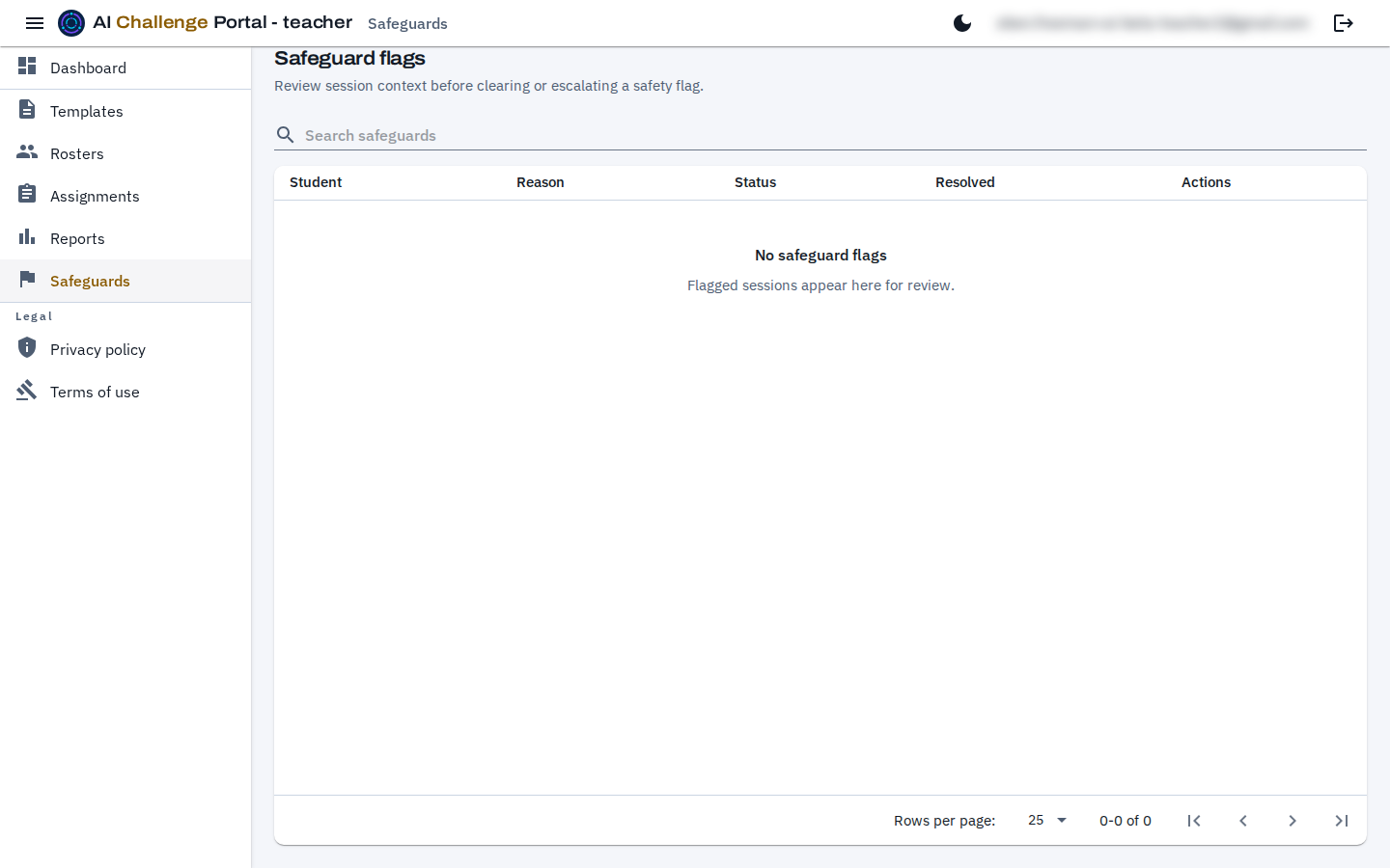 The Safeguard flags list, showing its search box and the empty state message that flagged sessions appear here for review.