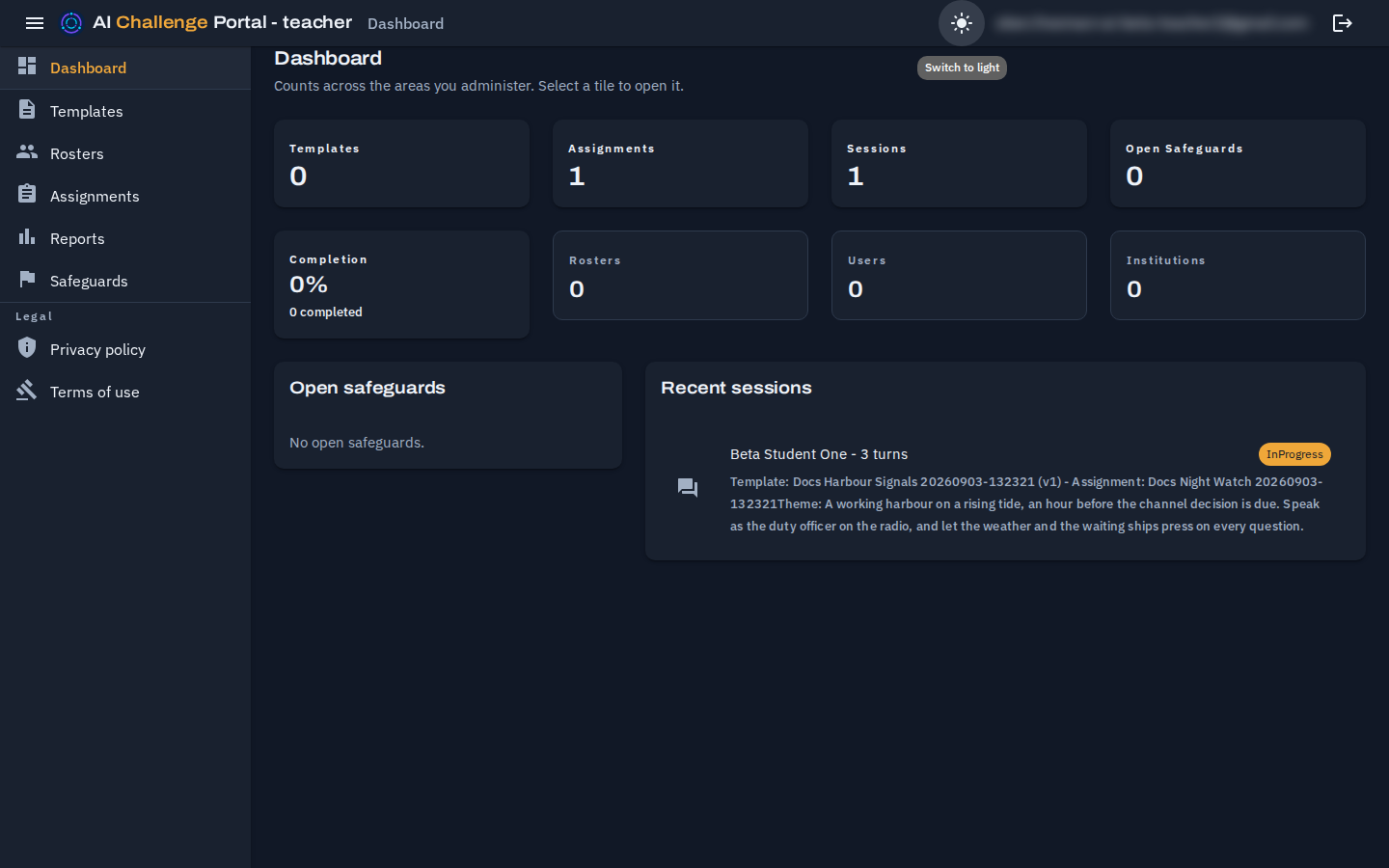 The dashboard in the dark theme, with the same navigation drawer and counting tiles rendered on a dark background.