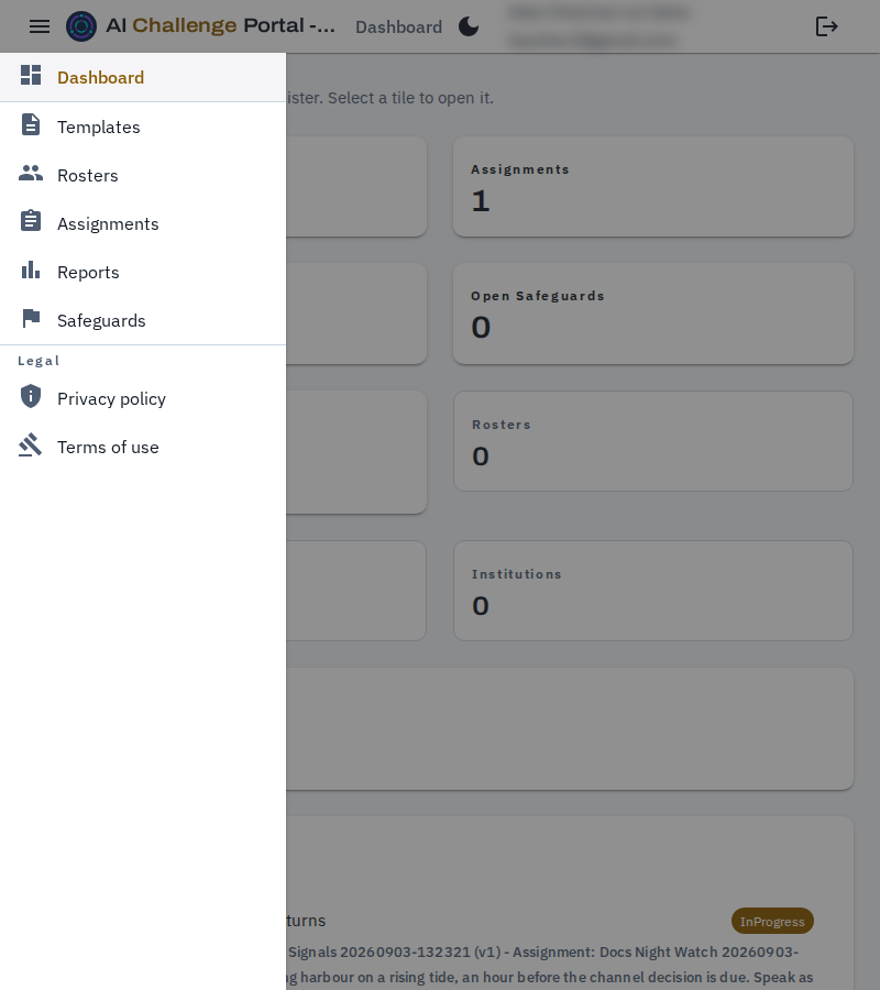 The portal in a narrow window with the navigation drawer slid out over the page, listing Dashboard, Templates, Rosters, Assignments, Reports, Safeguards and the Legal group.