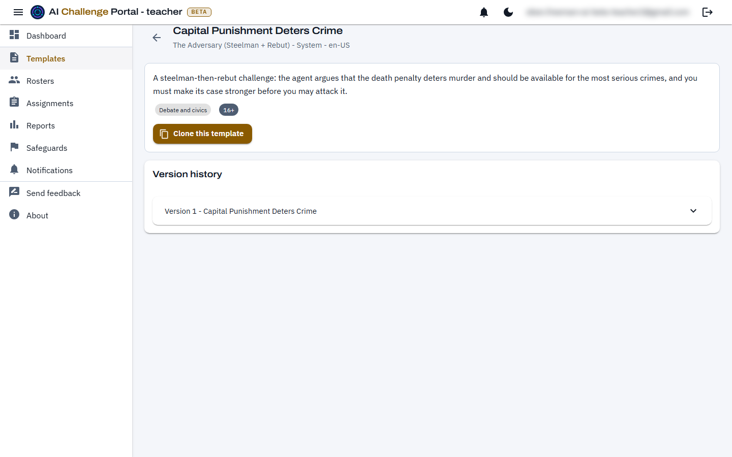 A platform library template's read-only page showing its description, a Debate and civics subject chip, a 16+ age chip and a Clone this template button, above its version history.