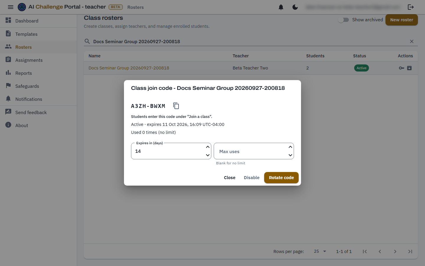 The class join code panel for a roster, showing the current code in monospace with a copy button, its active status and expiry, a use count, and fields for expiry days and max uses.